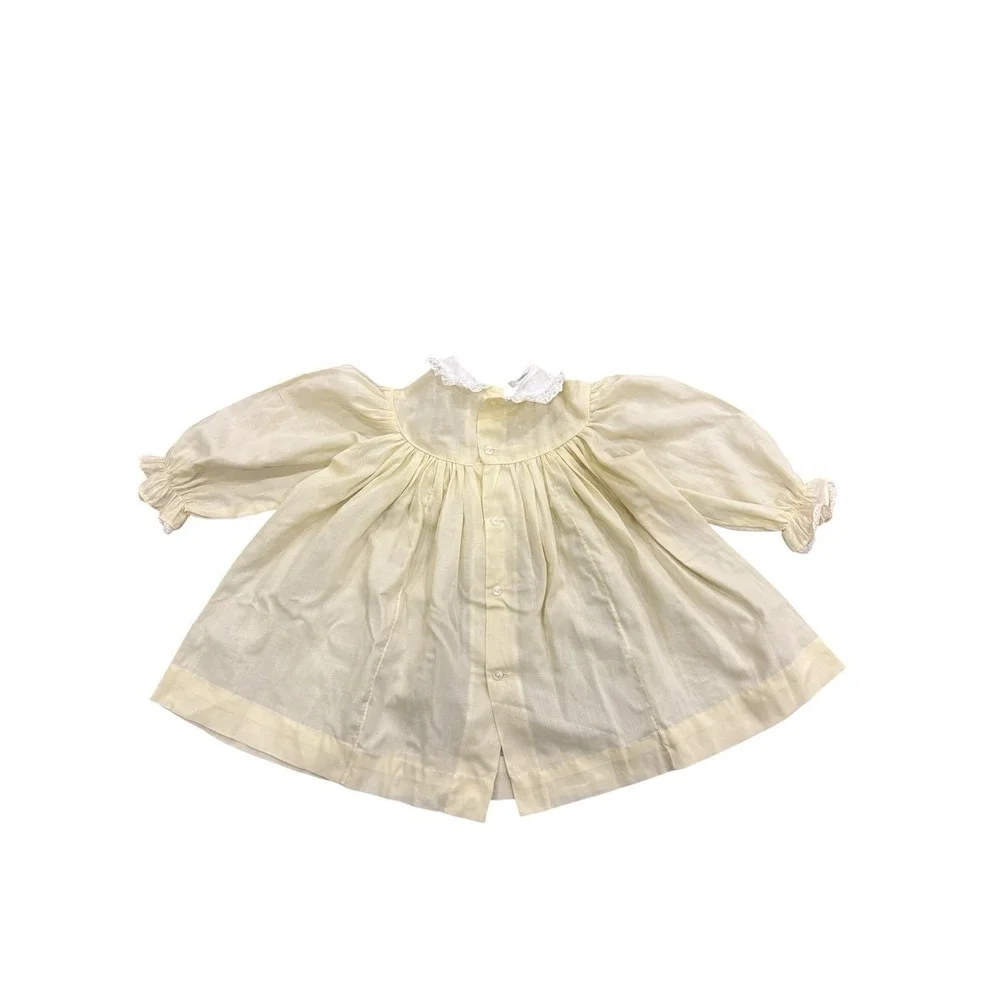 Vtg Polly‎ Flinders Baby Dress 24m Yellow Hand Smocked Lace Ruffle Cottagecore